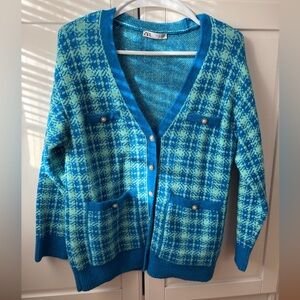 Zara Turquoise and Blue Checkered Cardigan